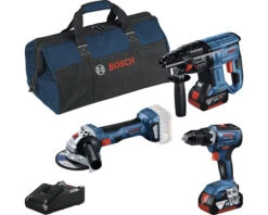 BOSCH Professional Accu Combiset: Schroefboormachine GSR 18V-55 + Boorhamer GBH 18V-21 + Haakse Slijper GWS 18V-7 (incl. 2x Accu 18V/4,0Ah, Lader En Tas)